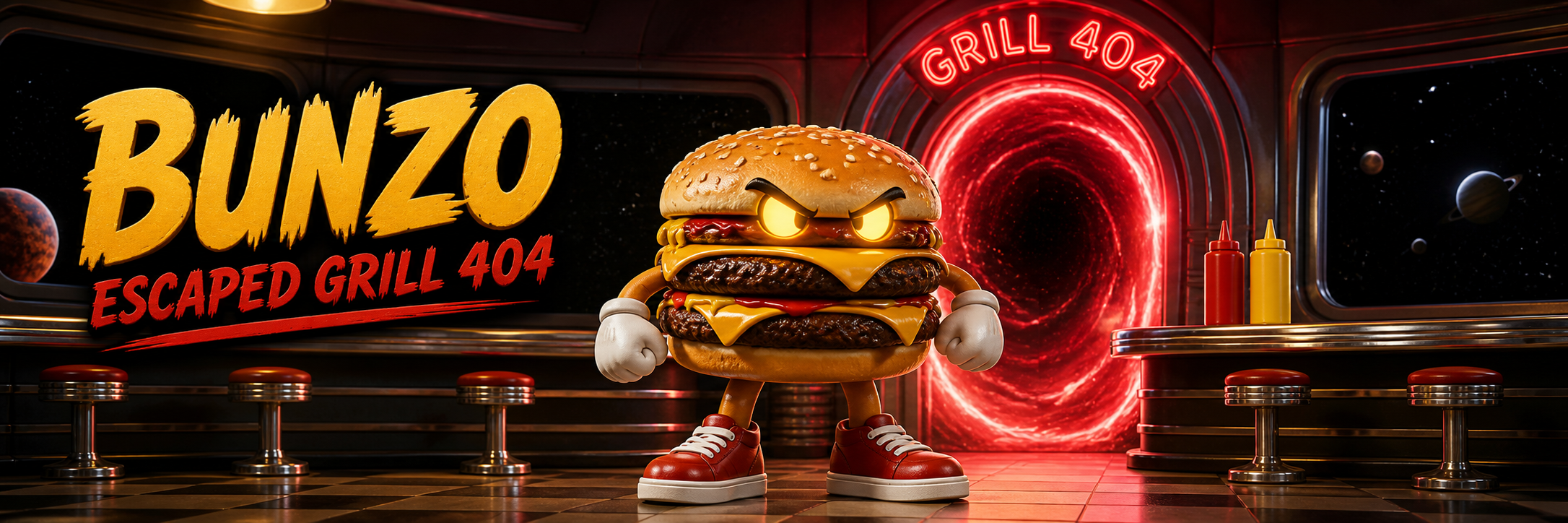 BUNZO standing inside the cosmic Grill 404 diner
